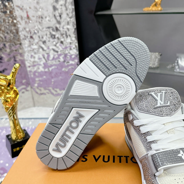 LV 26S TRAINER SNEAKERS IN WHITE GREY CALFSKIN WITH RHINESTONE