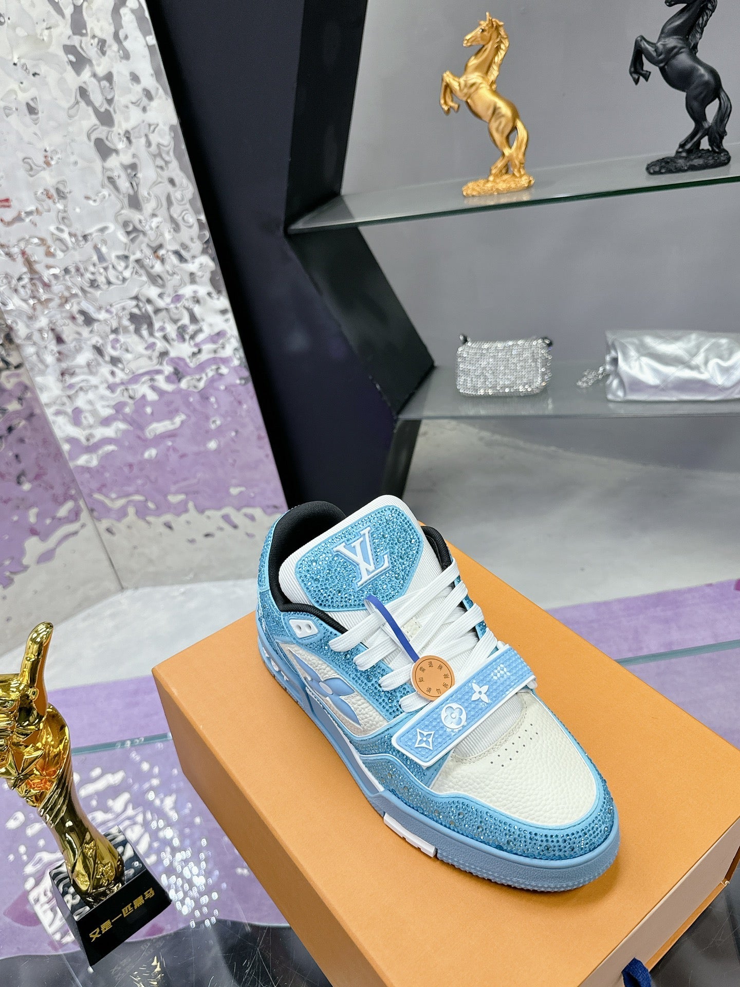 LV 26S TRAINER SNEAKERS IN SKY BLUE WHITE CALFSKIN WITH RHINESTONE