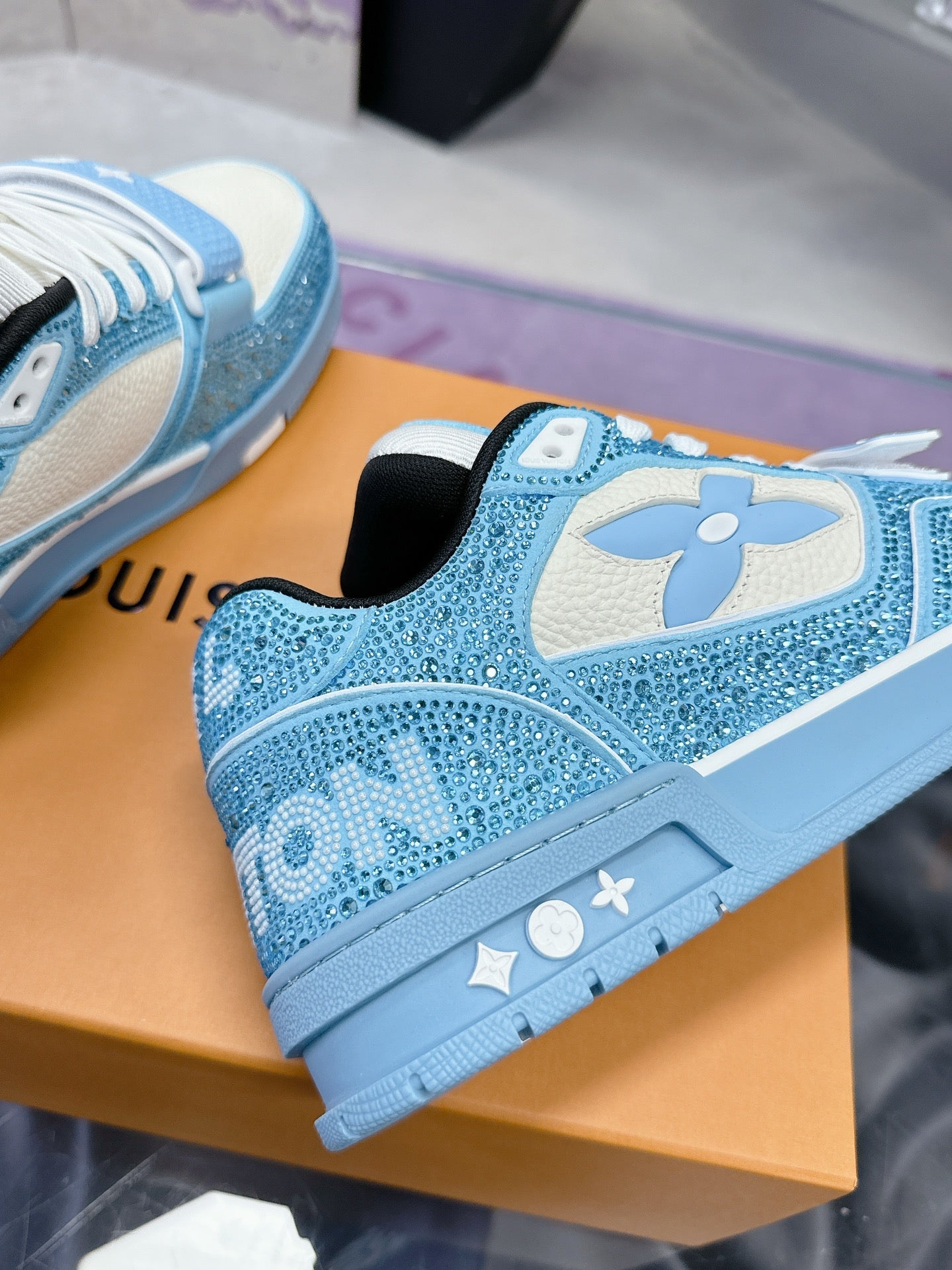 LV 26S TRAINER SNEAKERS IN SKY BLUE WHITE CALFSKIN WITH RHINESTONE