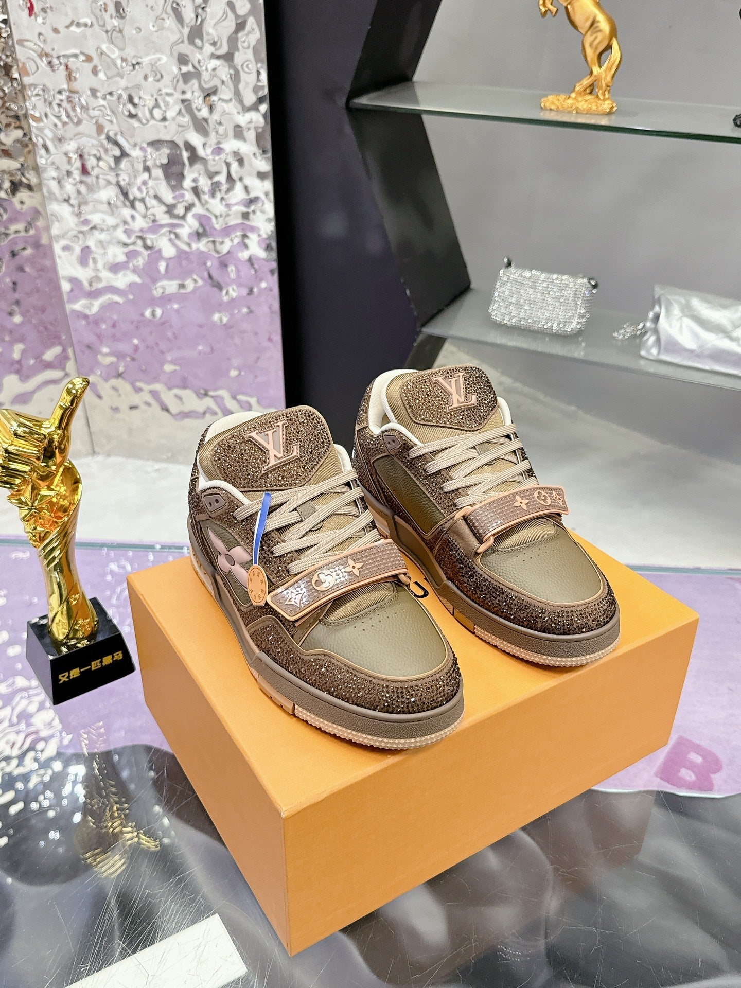 LV 26S TRAINER SNEAKERS IN BEIGE BROWN CALFSKIN WITH RHINESTONE