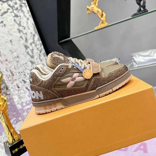 LV 26S TRAINER SNEAKERS IN BEIGE BROWN CALFSKIN WITH RHINESTONE