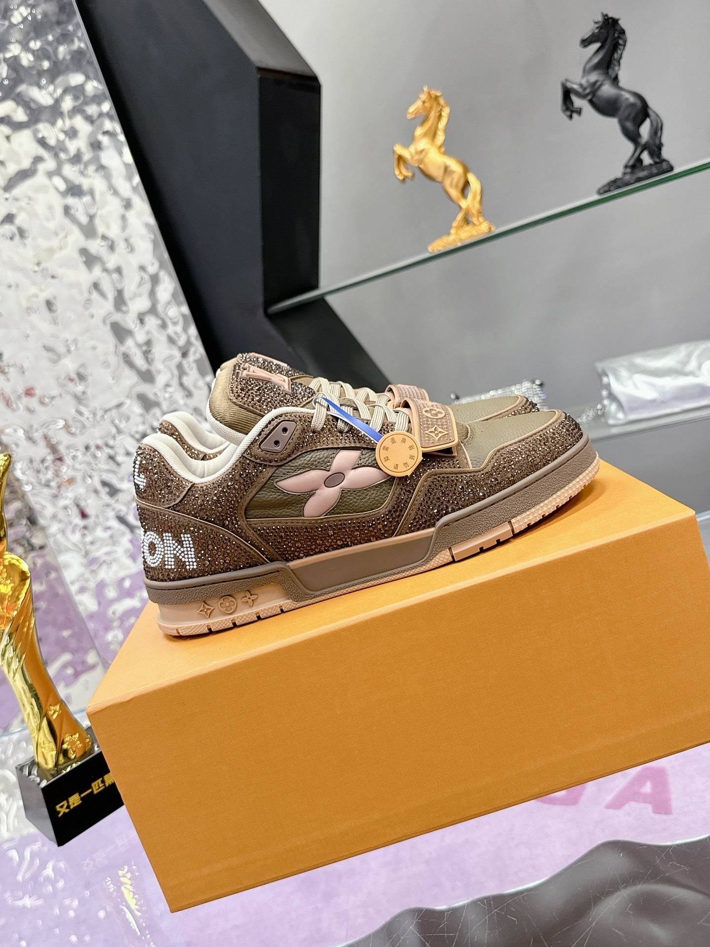 LV 26S TRAINER SNEAKERS IN BEIGE BROWN CALFSKIN WITH RHINESTONE
