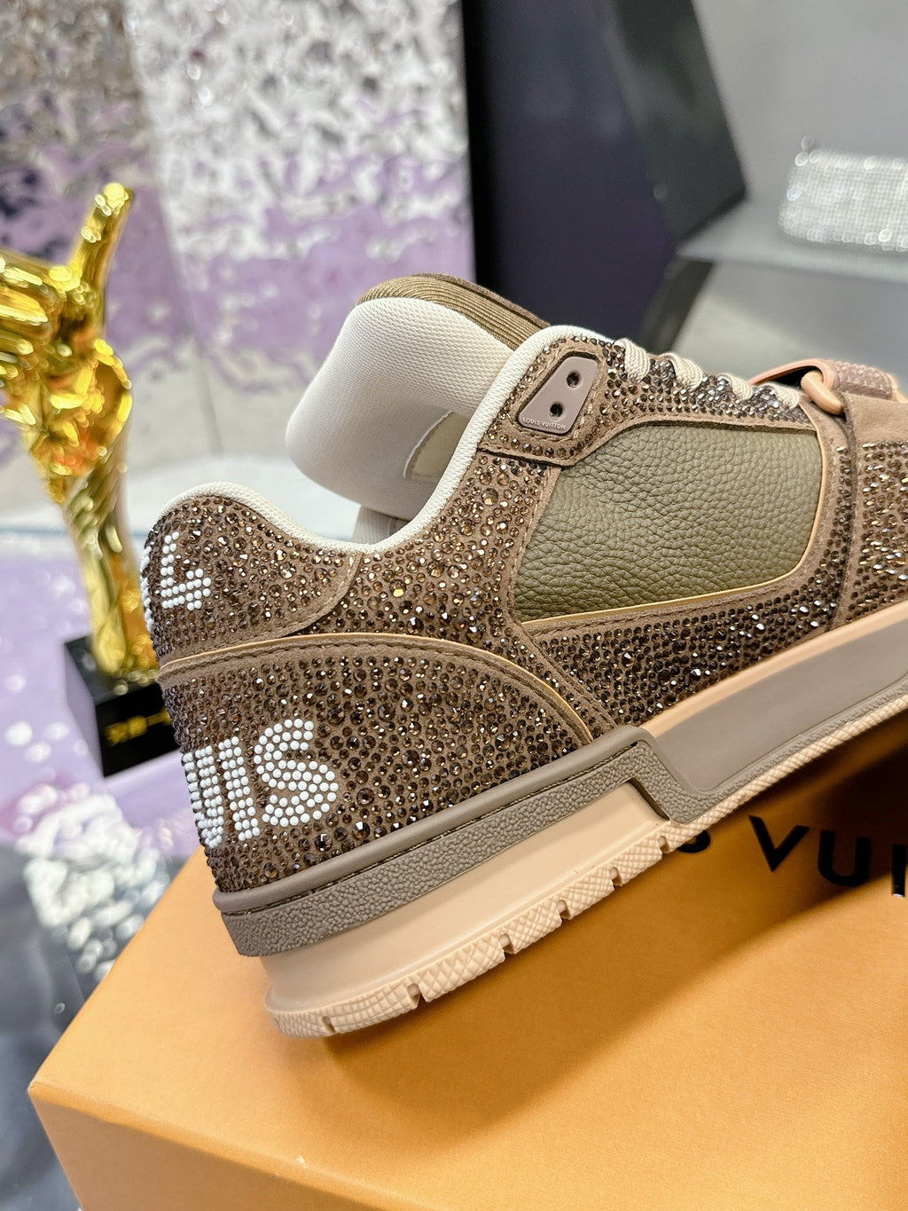 LV 26S TRAINER SNEAKERS IN BEIGE BROWN CALFSKIN WITH RHINESTONE