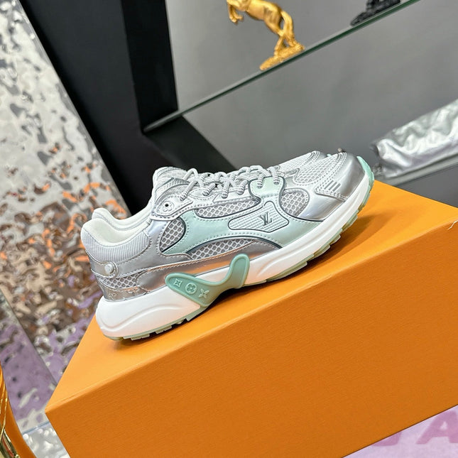 LV SNEAKERS IN SILVER AND GREEN MESH MIX CALFSKIN