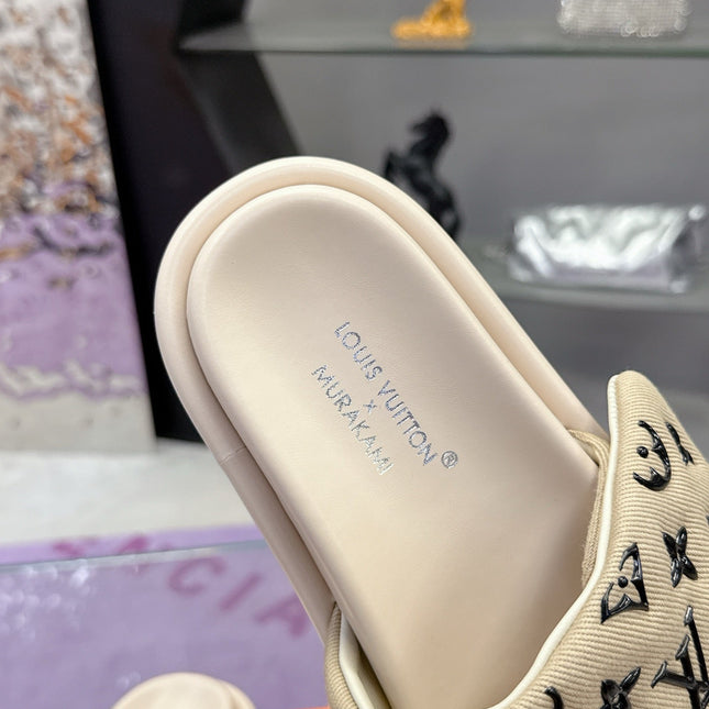 LV 26S POOL PILLOW SLIDES IN BEIGE BLACK MONOGRAM DENIM AND CALFSKIN