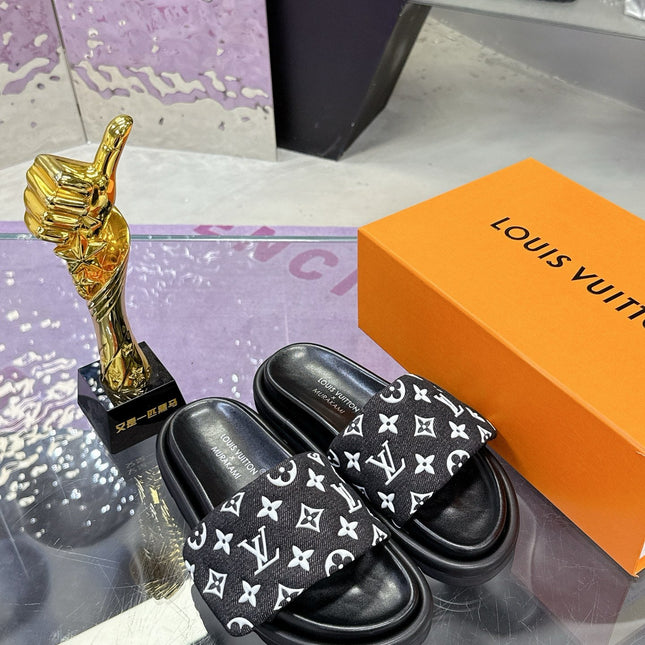 LV 26S POOL PILLOW SLIDES IN BLACK WHITE MONOGRAM DENIM AND CALFSKIN