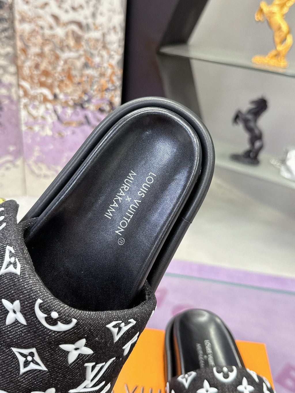 LV 26S POOL PILLOW SLIDES IN BLACK WHITE MONOGRAM DENIM AND CALFSKIN