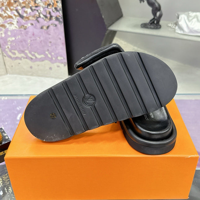 LV 26S POOL PILLOW SLIDES IN BLACK WHITE MONOGRAM DENIM AND CALFSKIN