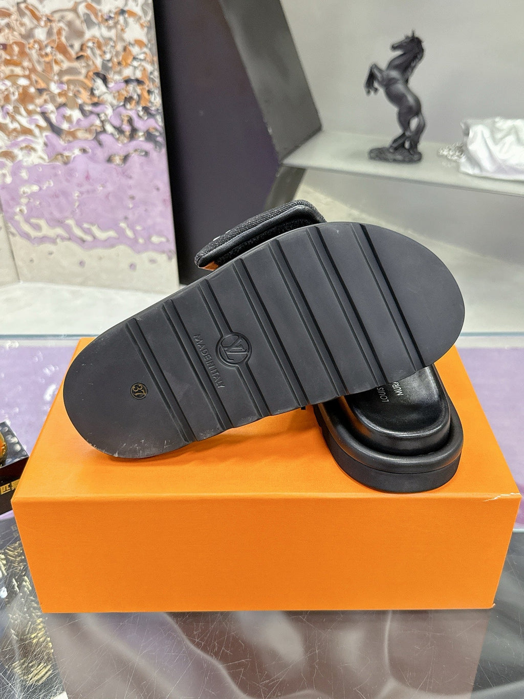 LV 26S POOL PILLOW SLIDES IN BLACK WHITE MONOGRAM DENIM AND CALFSKIN
