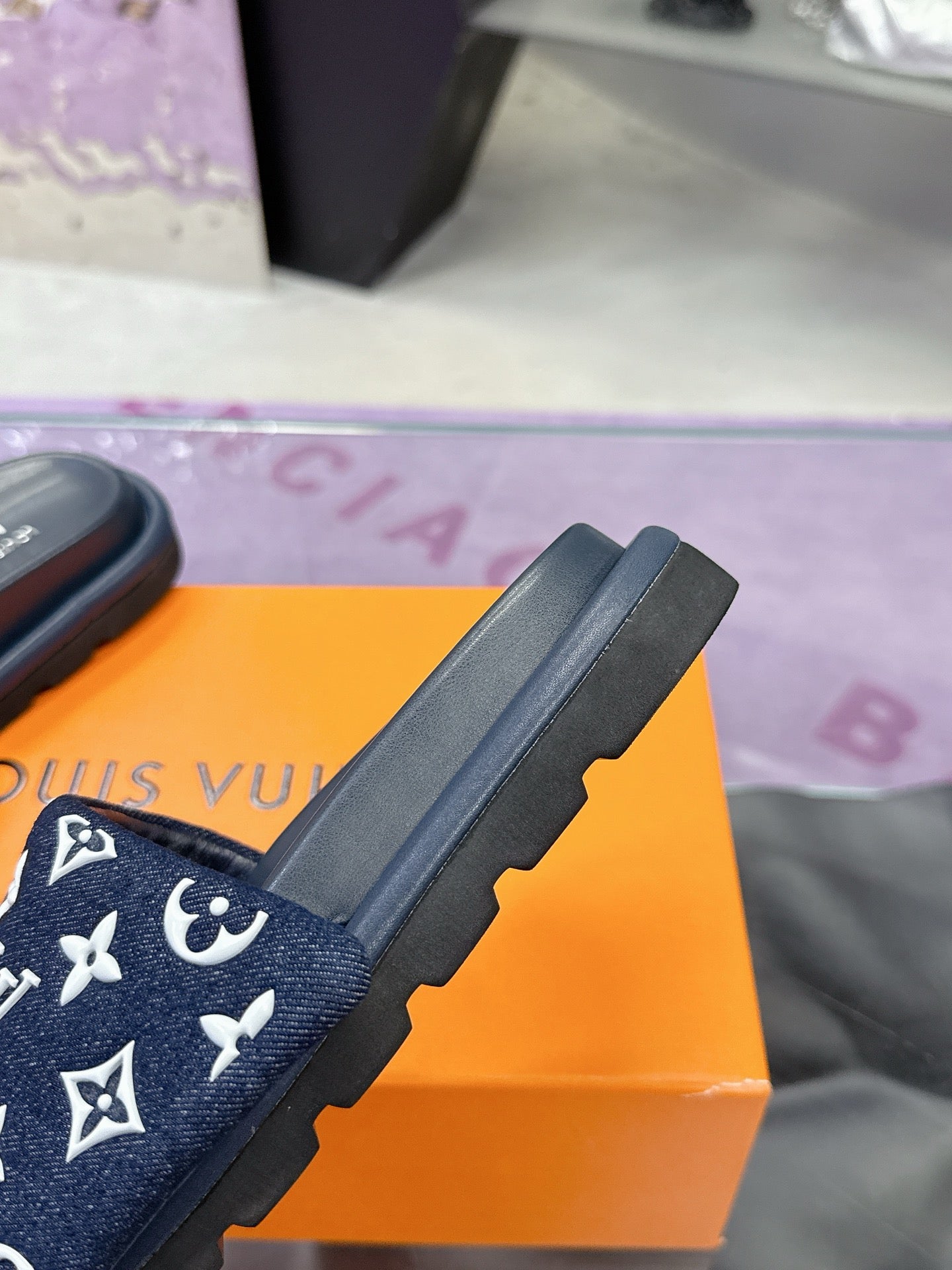 LV 26S POOL PILLOW SLIDES IN NAVY WHITE MONOGRAM DENIM AND CALFSKIN