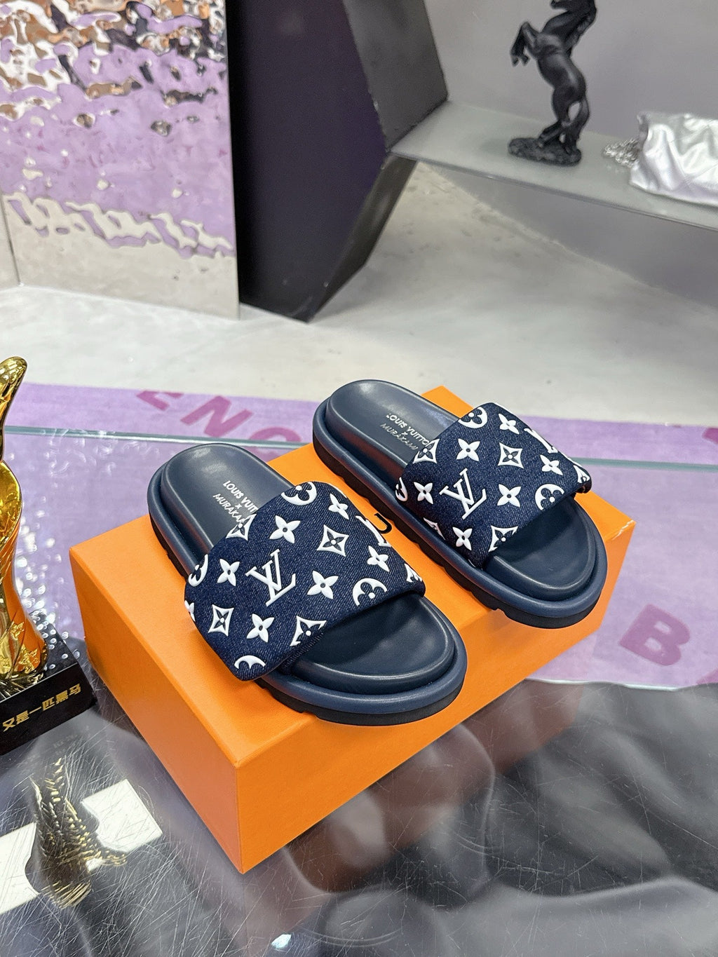 LV 26S POOL PILLOW SLIDES IN NAVY WHITE MONOGRAM DENIM AND CALFSKIN