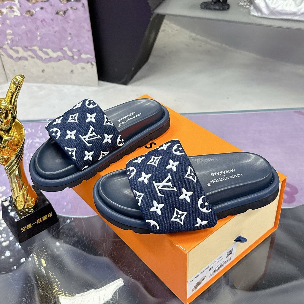 LV 26S POOL PILLOW SLIDES IN NAVY WHITE MONOGRAM DENIM AND CALFSKIN