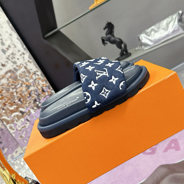 LV 26S POOL PILLOW SLIDES IN NAVY WHITE MONOGRAM DENIM AND CALFSKIN