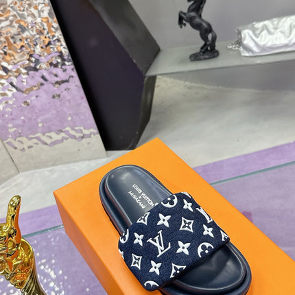 LV 26S POOL PILLOW SLIDES IN NAVY WHITE MONOGRAM DENIM AND CALFSKIN