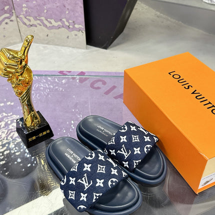 LV 26S POOL PILLOW SLIDES IN NAVY WHITE MONOGRAM DENIM AND CALFSKIN