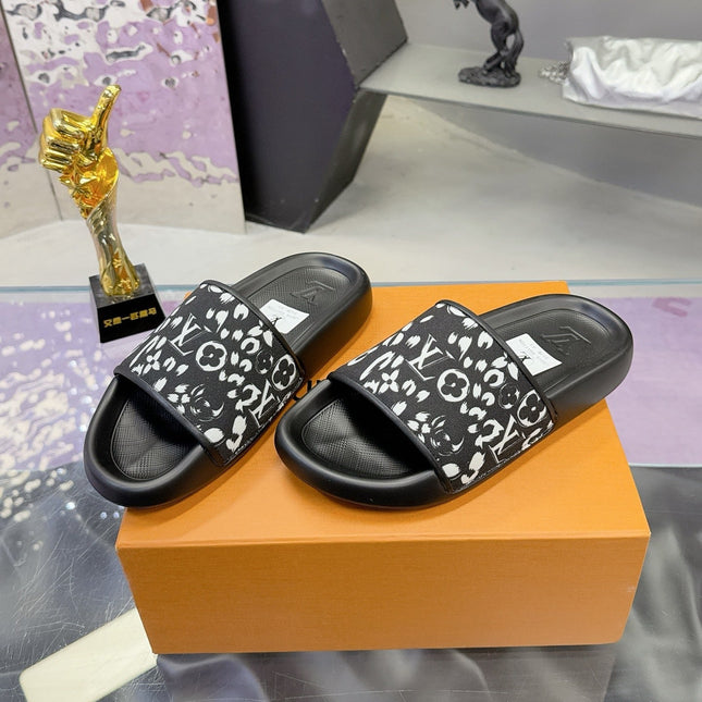 LV 26S SLIDE SANDALS IN BLACK WHITE CALFSKIN AND CANVAS