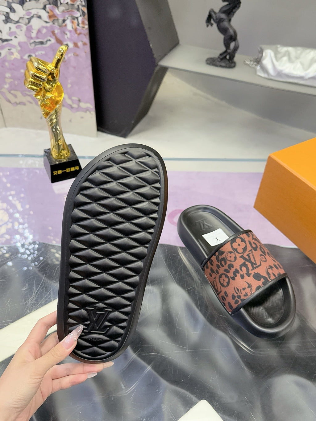 LV 26S SLIDE SANDALS IN BLACK BROWN CALFSKIN AND CANVAS