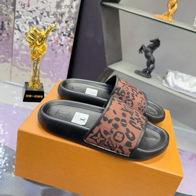 LV 26S SLIDE SANDALS IN BLACK BROWN CALFSKIN AND CANVAS