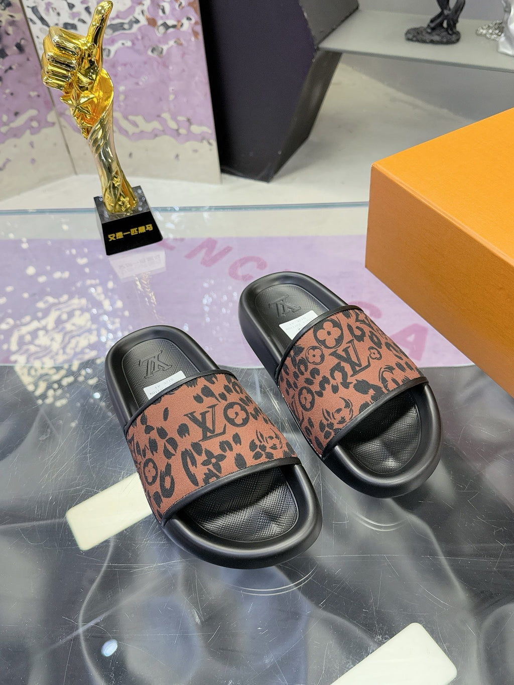 LV 26S SLIDE SANDALS IN BLACK BROWN CALFSKIN AND CANVAS
