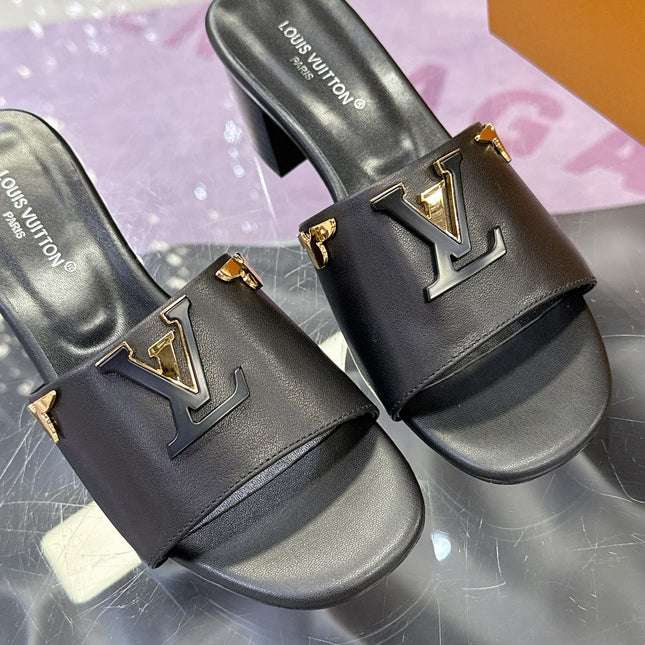 LV 26S BLOCK HEEL MULE SANDALS IN BLACK CALFSKIN GOLD HARDWARE