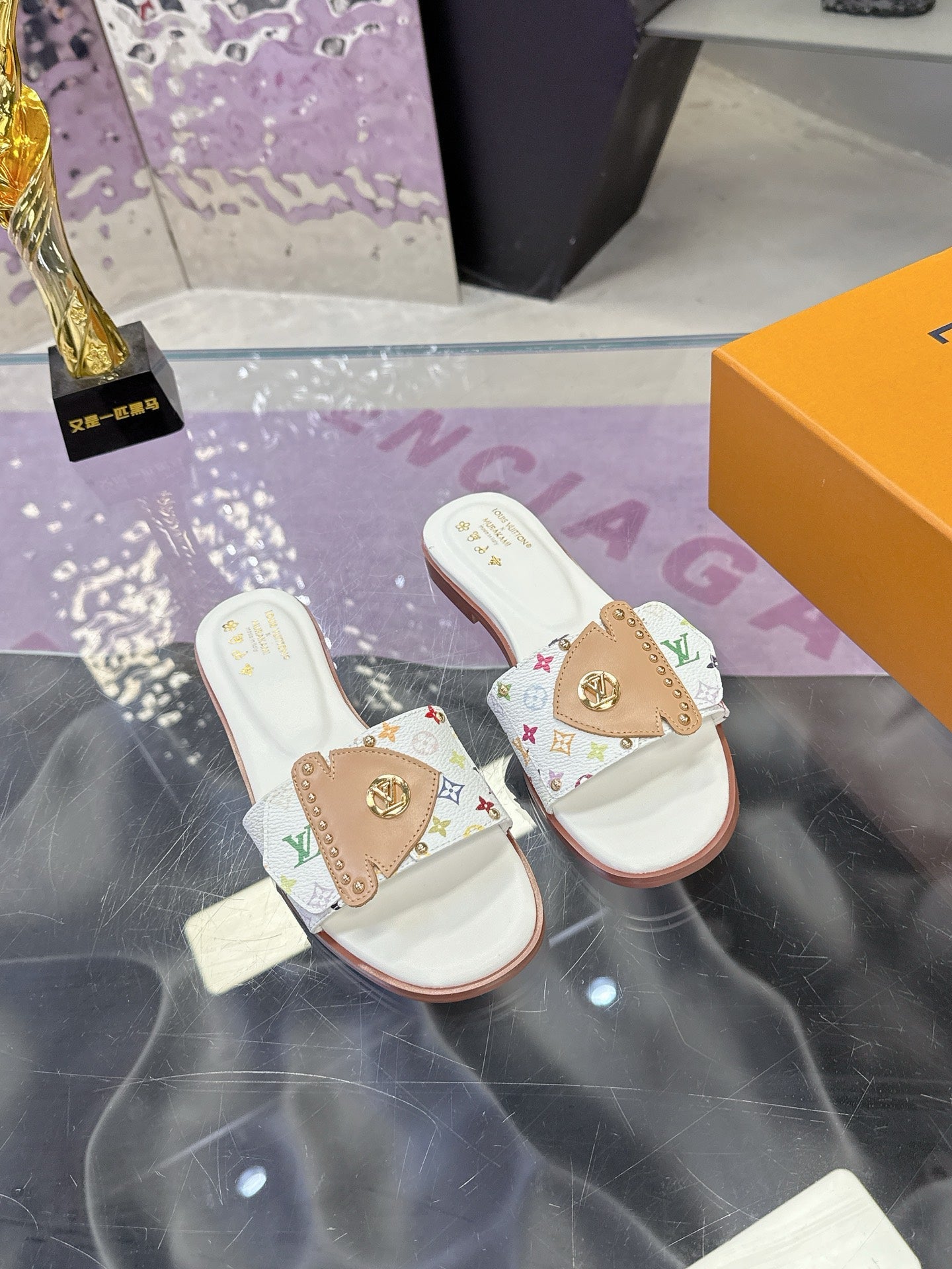 LV 26S FLAT SLIDE SANDALS IN WHITE MULTICOLOR CALFSKIN GOLD HARDWARE