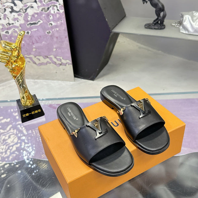 LV 26S FLAT SLIDE SANDALS IN BLACK CALFSKIN GOLD HARDWARE