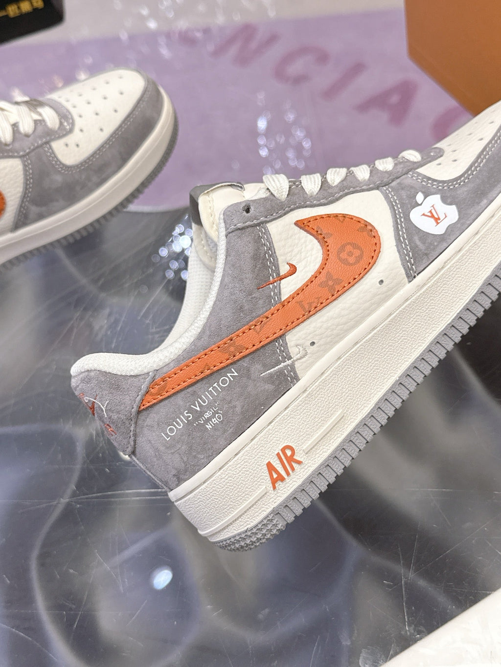 LV 26S DUNK LOW SNEAKERS IN WHITE GREY ORANGE MONOGRAM SWOOSH CALFSKIN