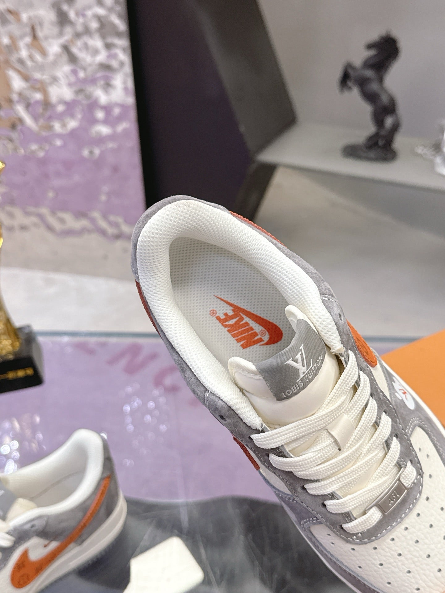 LV 26S DUNK LOW SNEAKERS IN WHITE GREY ORANGE MONOGRAM SWOOSH CALFSKIN