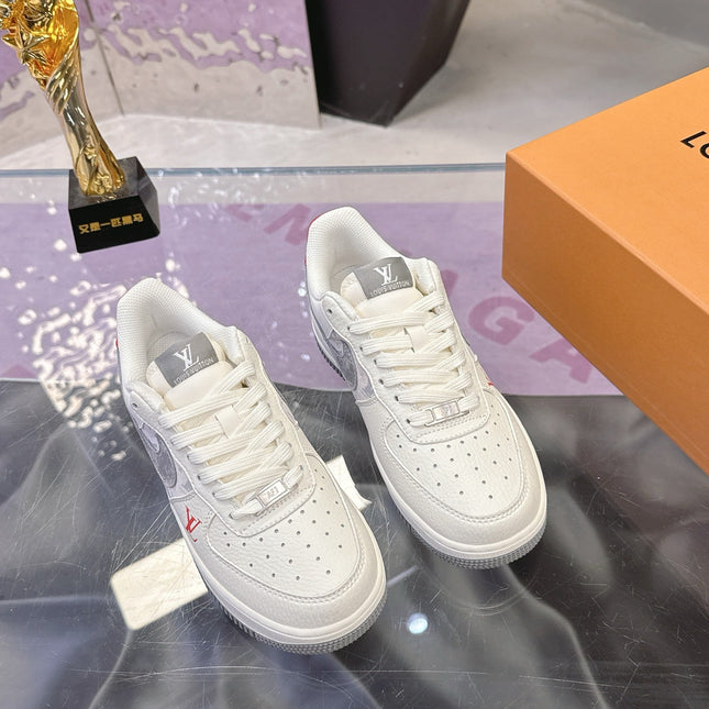 LV 26S DUNK LOW SNEAKERS IN WHITE GREY MONOGRAM SWOOSH CALFSKIN