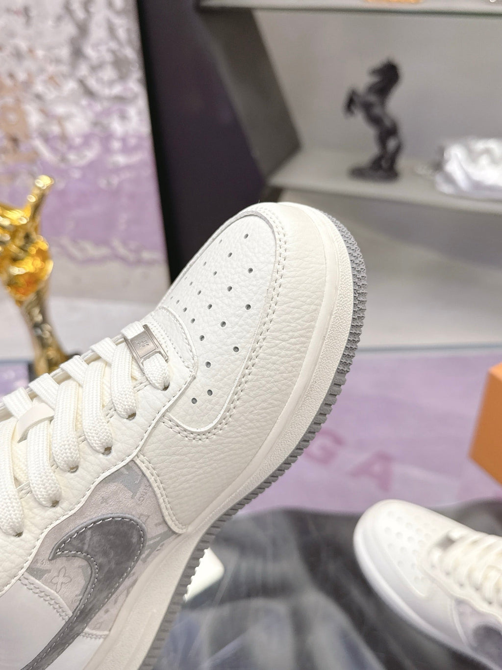 LV 26S DUNK LOW SNEAKERS IN WHITE GREY MONOGRAM SWOOSH CALFSKIN