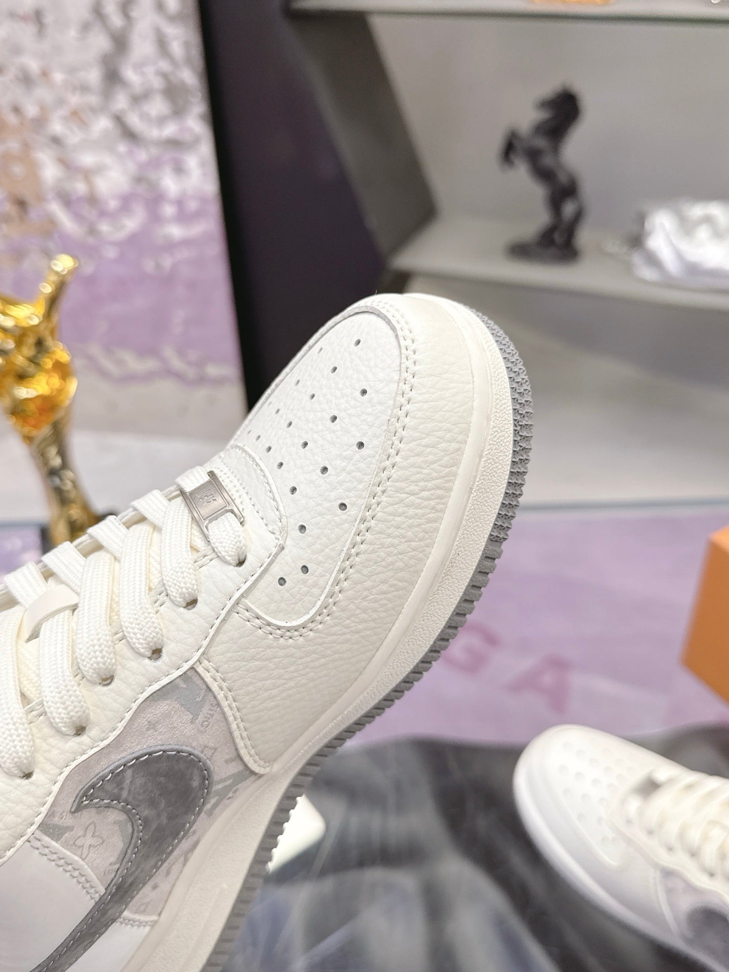 LV 26S DUNK LOW SNEAKERS IN WHITE GREY MONOGRAM SWOOSH CALFSKIN