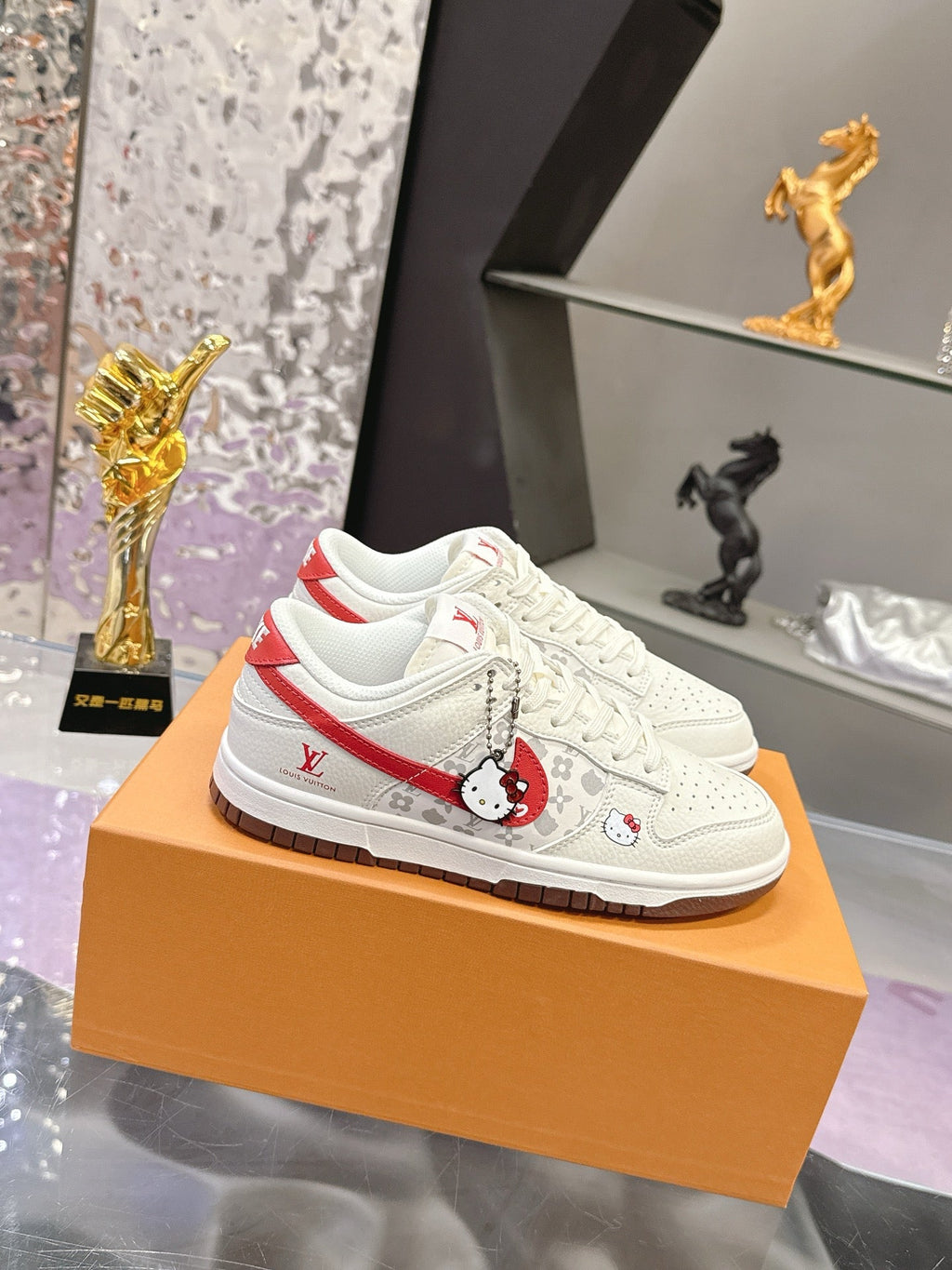 LV 26S DUNK LOW SNEAKERS IN WHITE RED HELLO KITTY MONOGRAM CALFSKIN