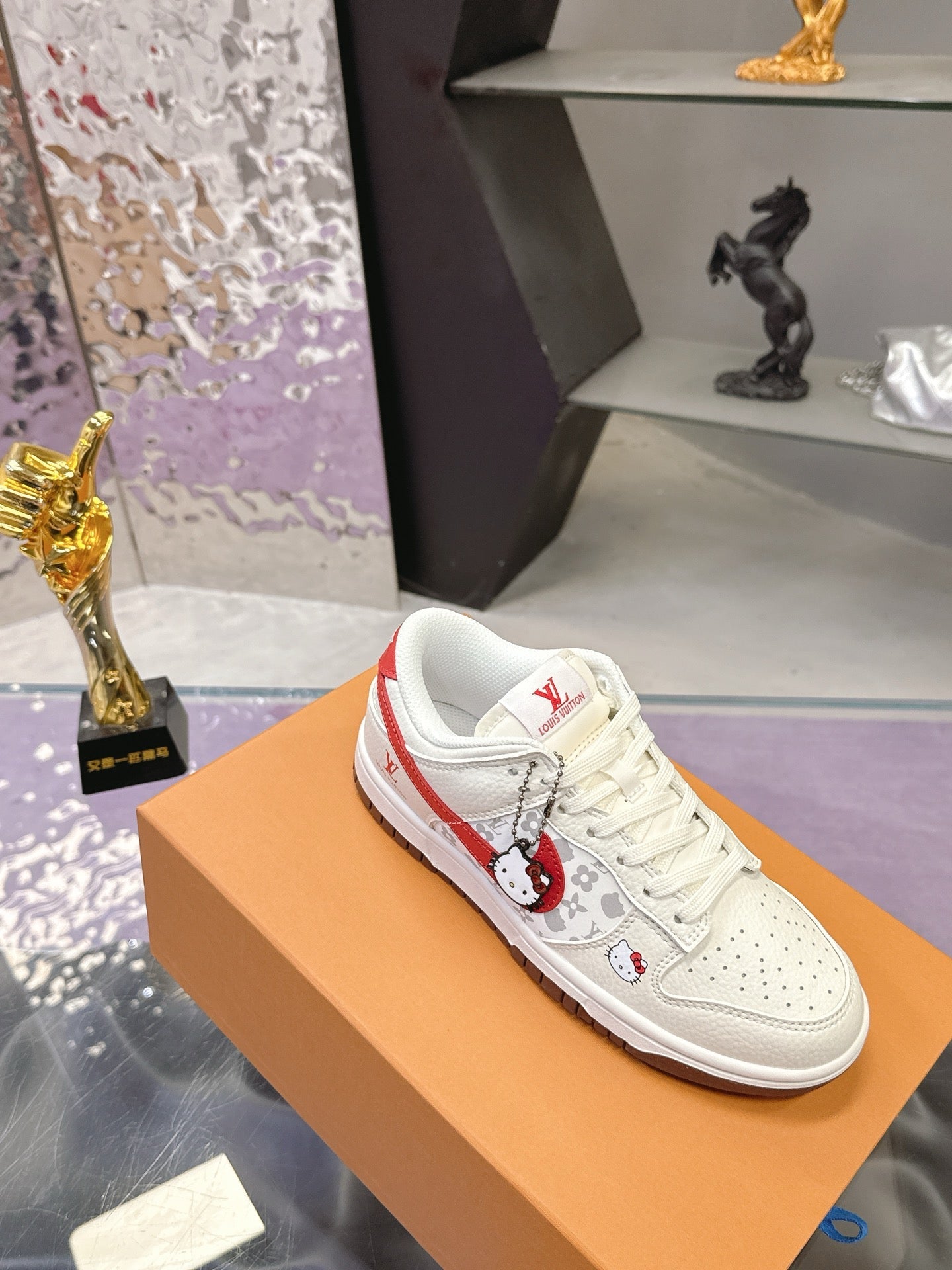 LV 26S DUNK LOW SNEAKERS IN WHITE RED HELLO KITTY MONOGRAM CALFSKIN
