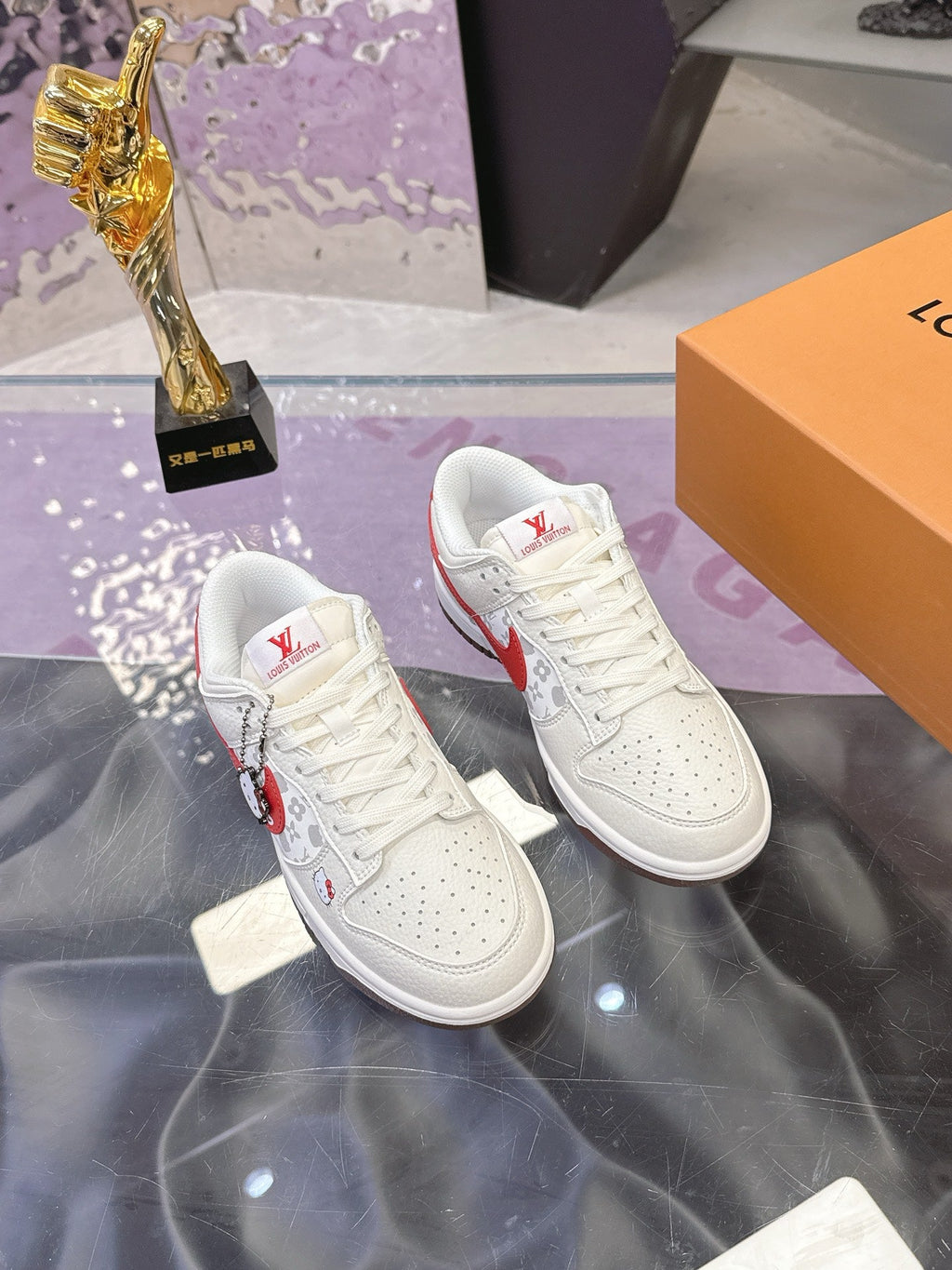 LV 26S DUNK LOW SNEAKERS IN WHITE RED HELLO KITTY MONOGRAM CALFSKIN