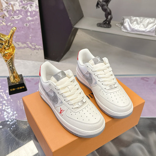 LV 26S DUNK LOW SNEAKERS IN WHITE GREY MONOGRAM SWOOSH CALFSKIN
