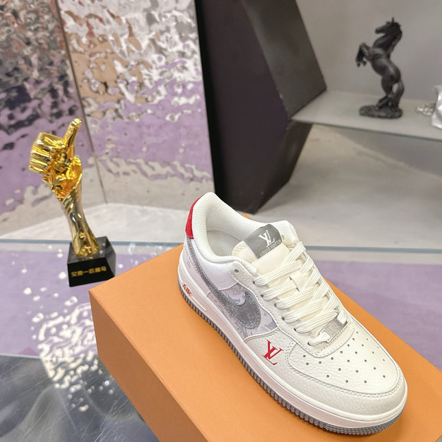 LV 26S DUNK LOW SNEAKERS IN WHITE GREY MONOGRAM SWOOSH CALFSKIN