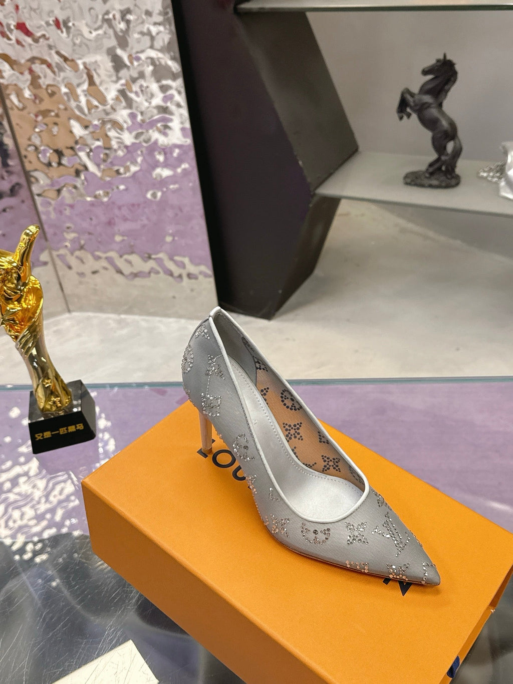 LV 26S GALA HIGH HEELS 85MM IN GREY MESH WITH WITH RHINESTONES