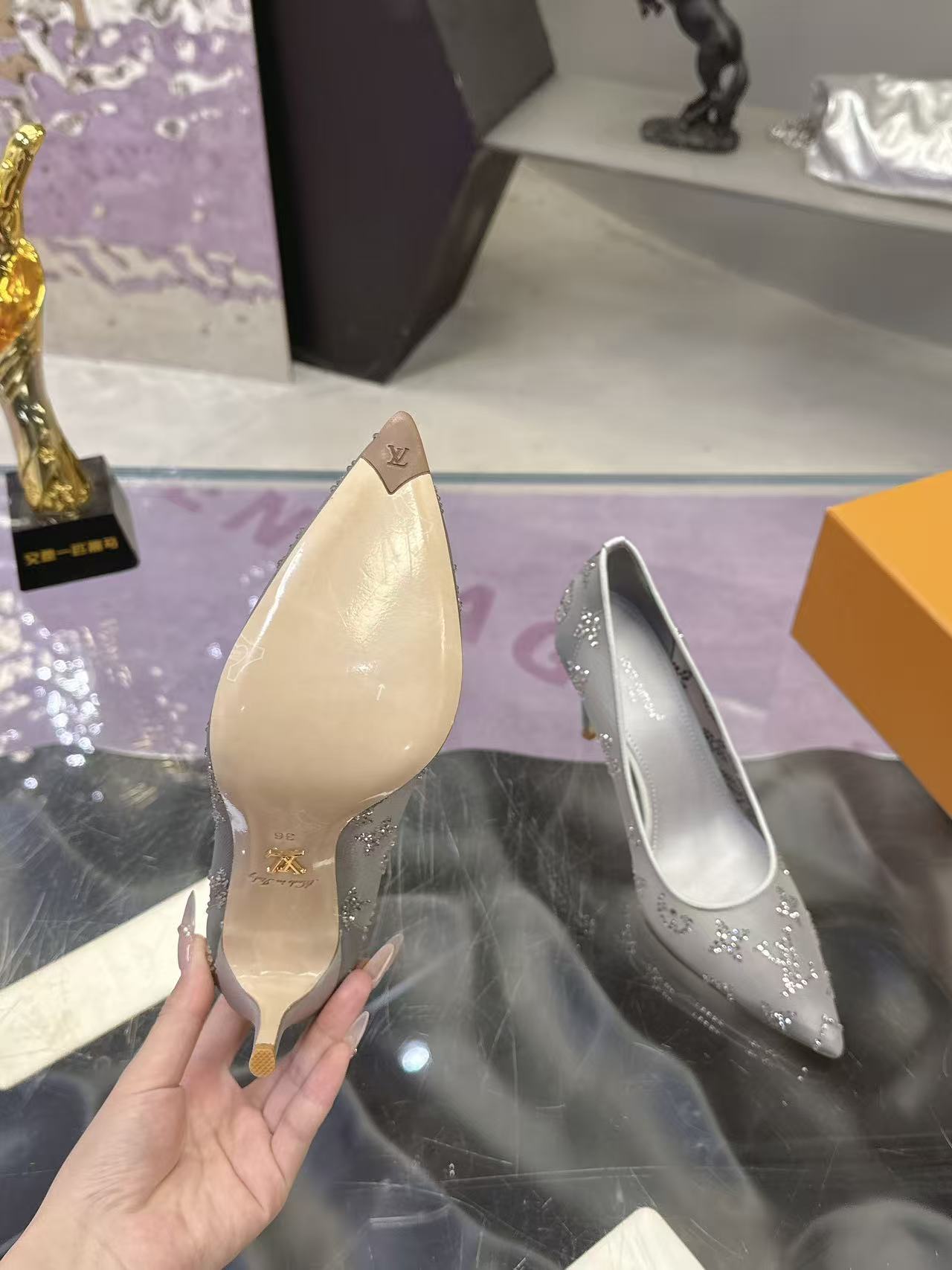 LV 26S GALA HIGH HEELS 85MM IN GREY MESH WITH WITH RHINESTONES