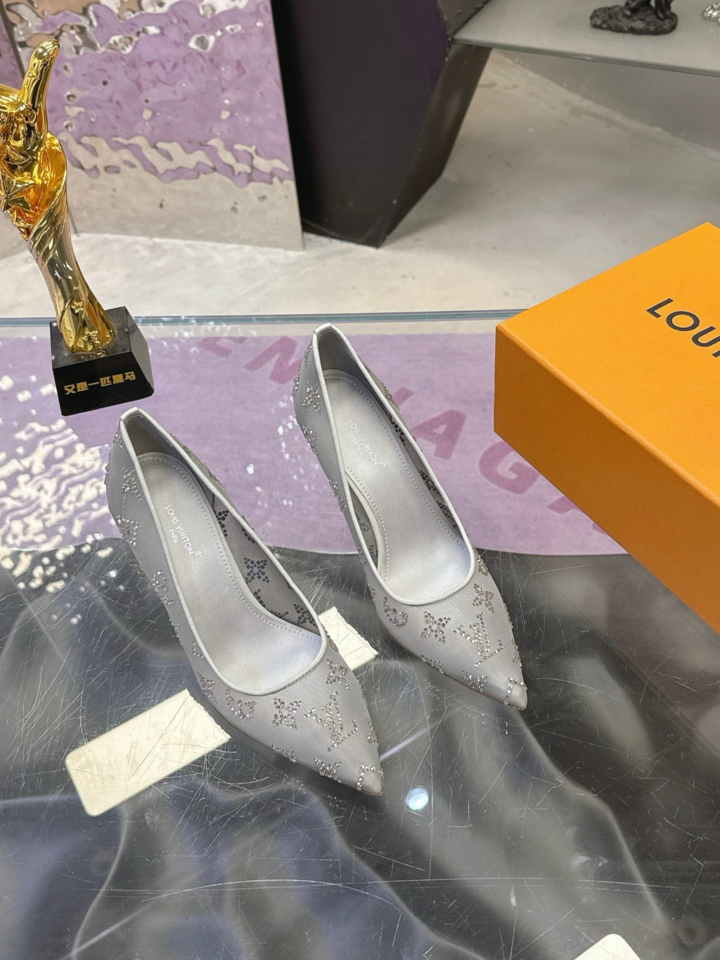 LV 26S GALA HIGH HEELS 85MM IN GREY MESH WITH WITH RHINESTONES