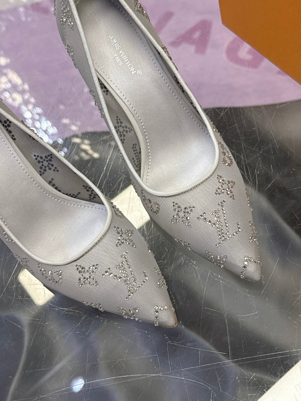 LV 26S GALA HIGH HEELS 85MM IN GREY MESH WITH WITH RHINESTONES