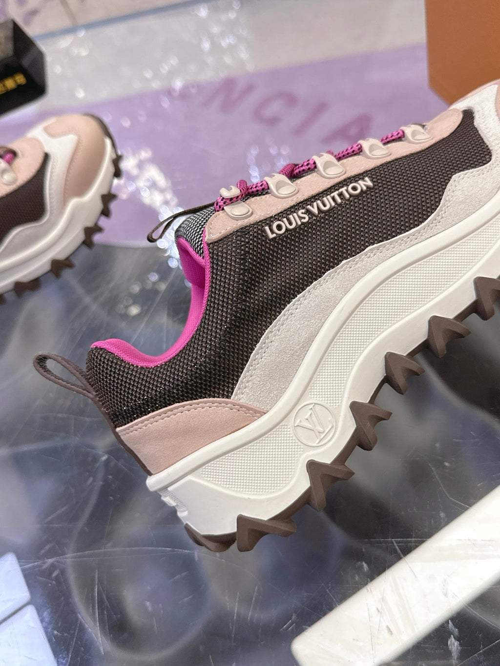 LV 26S RUSH XPLORER SNEAKER IN PINK BROWN SUEDE AND FABRIC