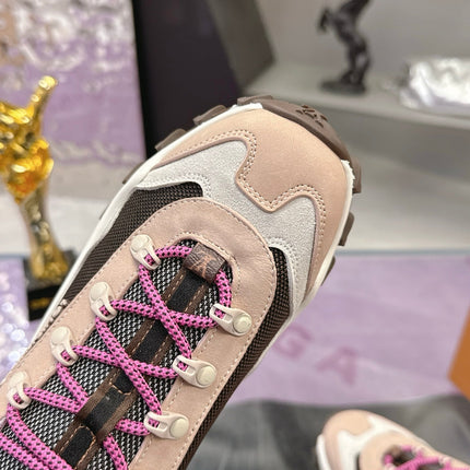 LV 26S RUSH XPLORER SNEAKER IN PINK BROWN SUEDE AND FABRIC