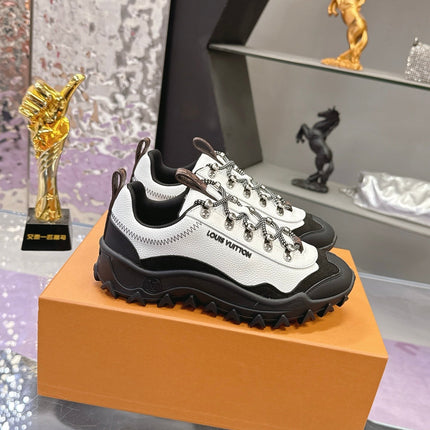 LV 26S RUSH XPLORER SNEAKER IN WHITE BLACK CALFSKIN AND SUEDE