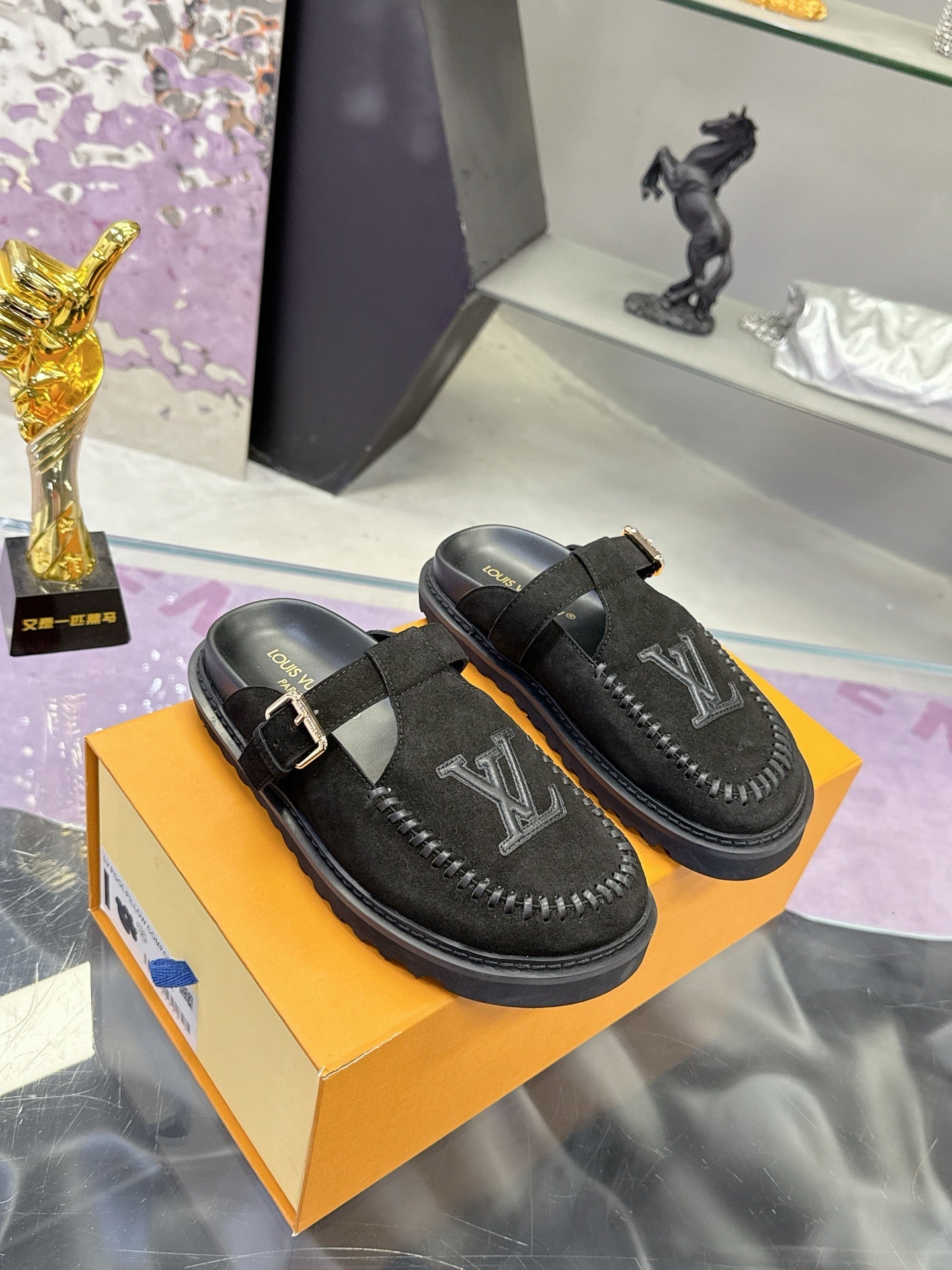 LV 26S MULE SLIDES IN BLACK SUEDE BUCKLE STRAP