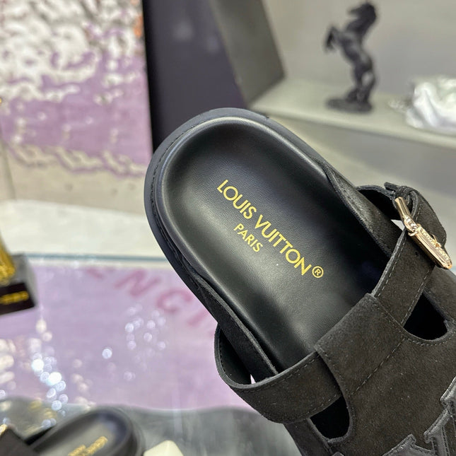 LV 26S MULE SLIDES IN BLACK SUEDE BUCKLE STRAP