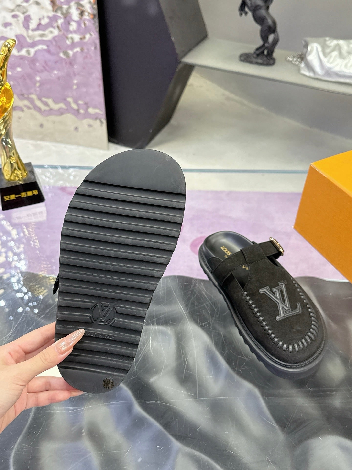 LV 26S MULE SLIDES IN BLACK SUEDE BUCKLE STRAP