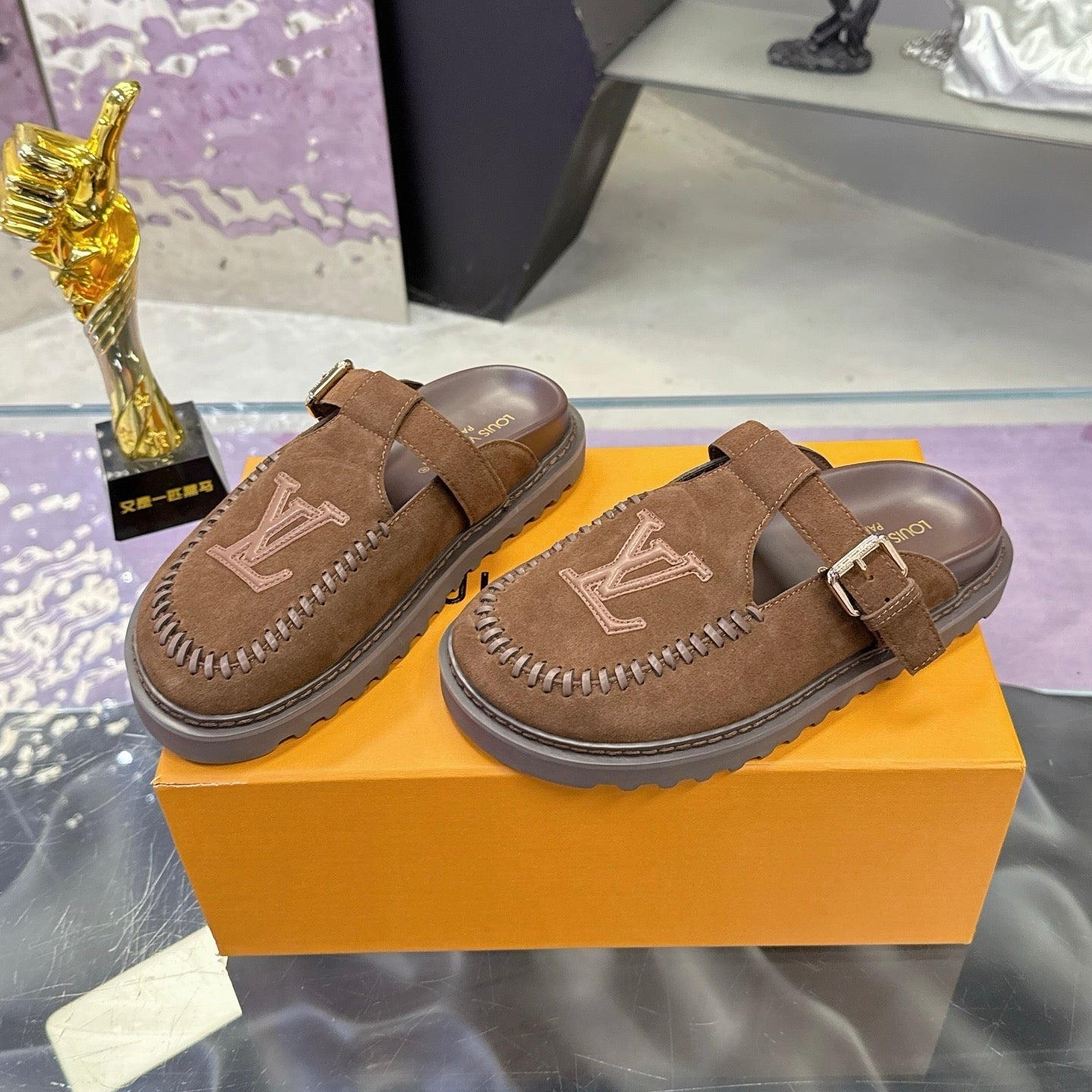 LV 26S MULE SLIDES IN DARK BROWN SUEDE BUCKLE STRAP