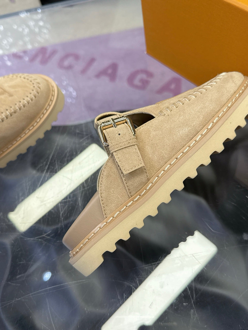 LV 26S MULE SLIDES IN BEIGE SUEDE BUCKLE STRAP