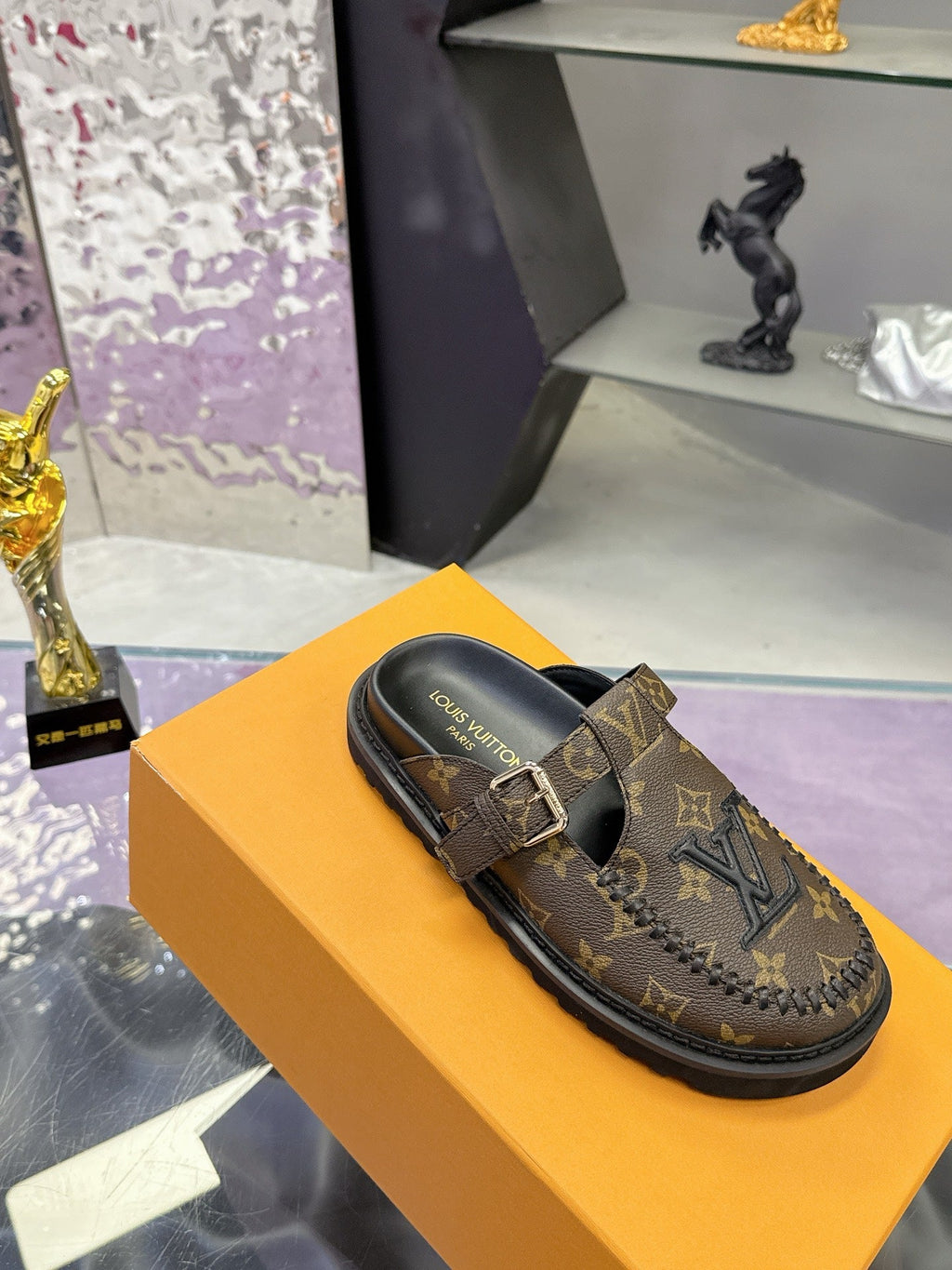 LV 26S MULE SLIDES IN DARK BROWN MONOGRAM CALFSKIN BUCKLE STRAP