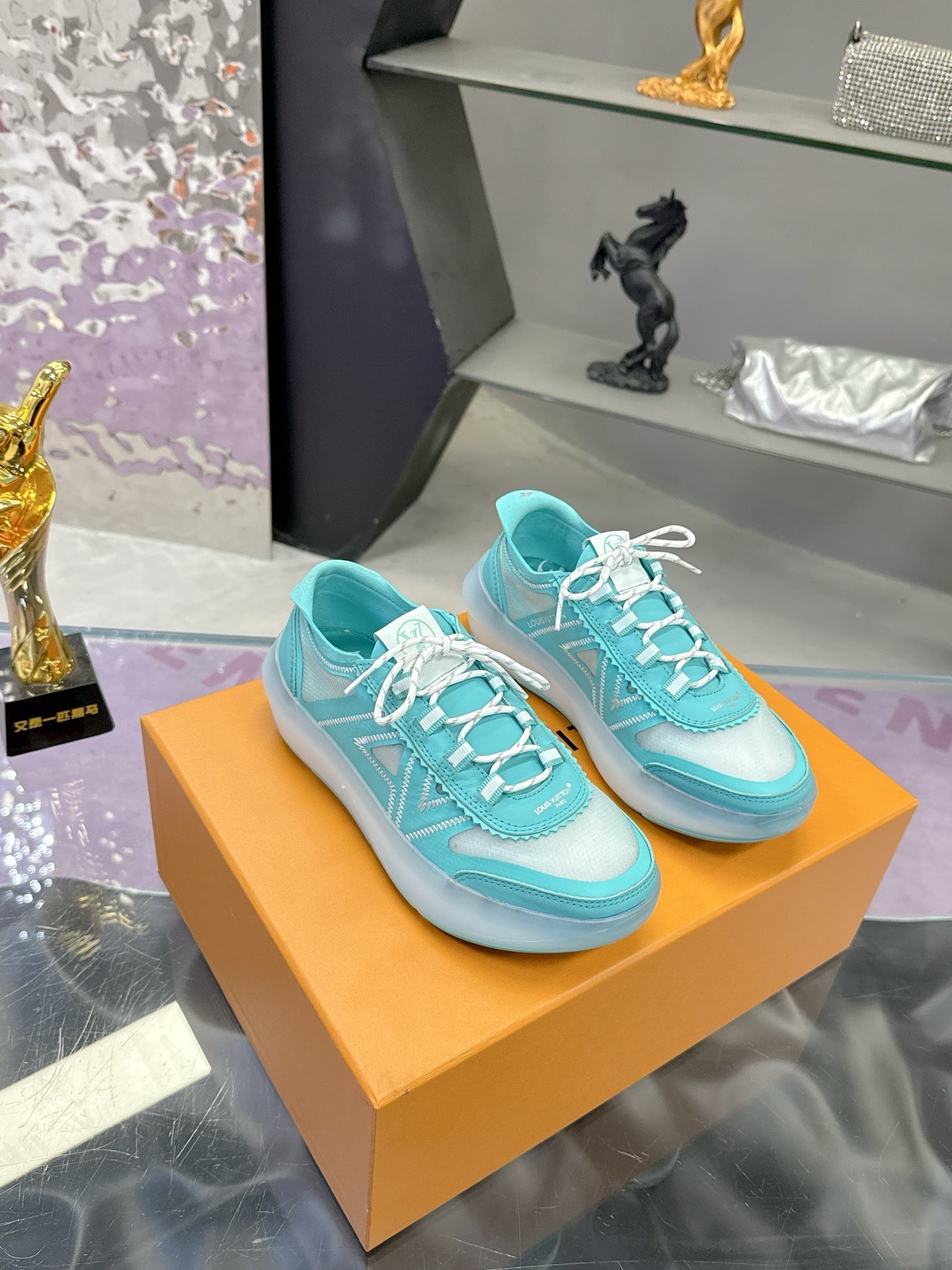 LV 26S SKATE SNEAKERS IN TIFFANY BLUE MESH TRANSLUCENT SOLE